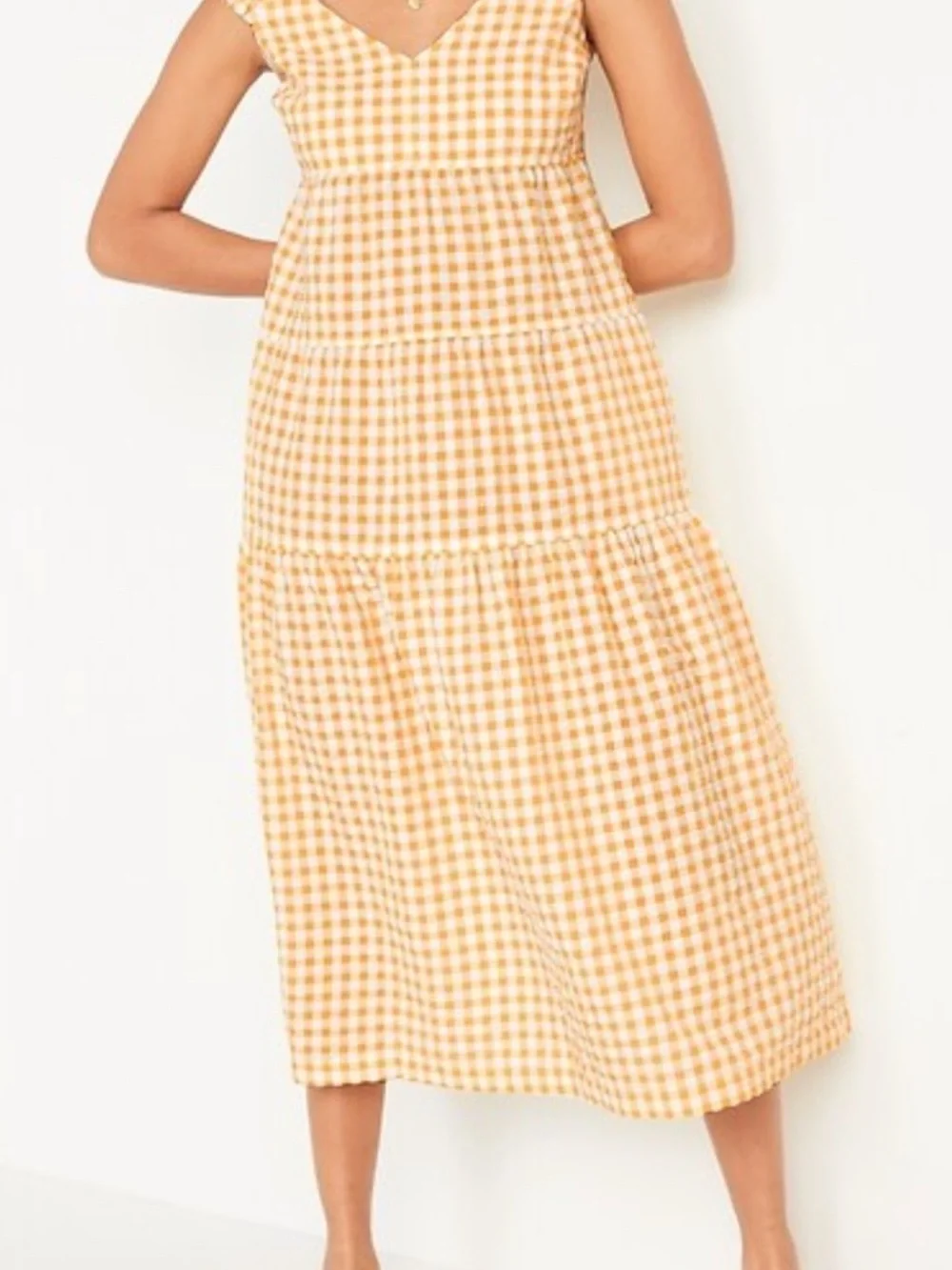 NWT Old Navy Women's Yellow Gingham Fit & Flare Tiered Seersucker Maxi Dress XL - Picture 2 of 10